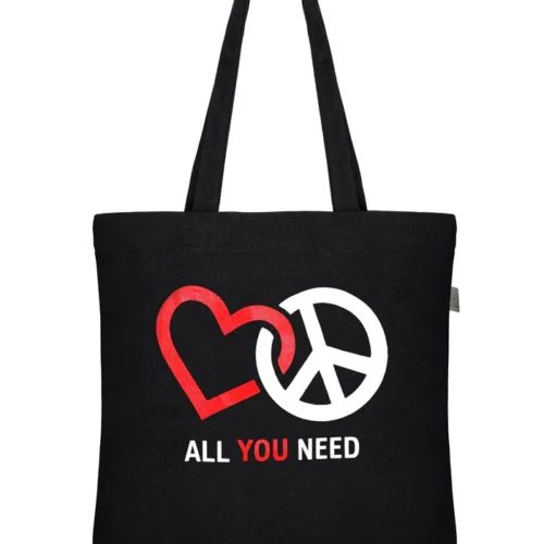 Brownliving Premium Cotton Reusable Tote Bags - Peace & Love Black